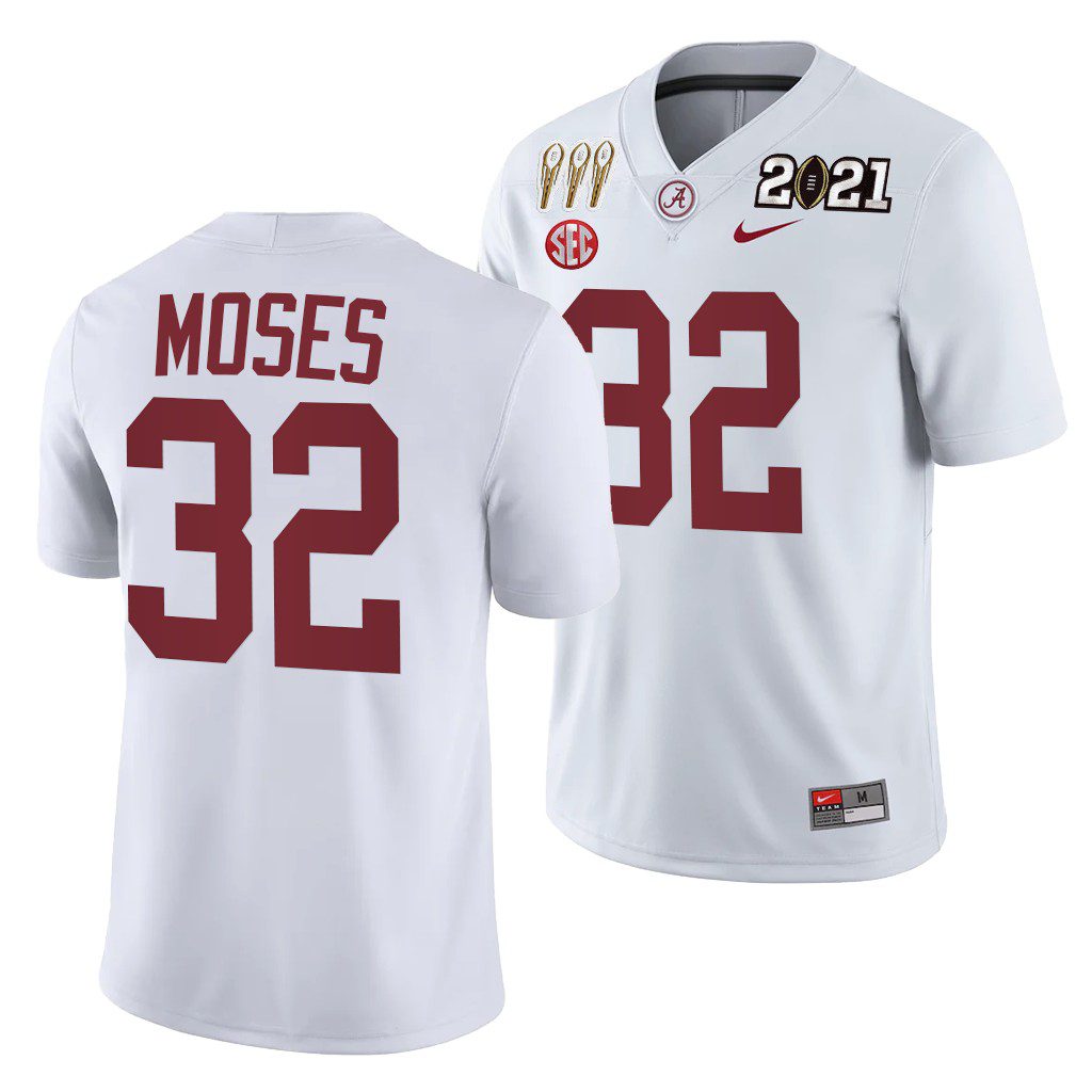 Men's Alabama Crimson Tide Dylan Moses #32 White 3X CFP National Championship Winner NCAA College Football Jersey